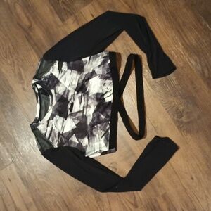 Titika Black White Printed Mesh Cutout Wrap Waist Cropped Long Sleeve Top A43